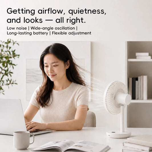 KINSCOTER Smart Oscillating Desk Fan 4000mAh - USB Rechargeable, Ultra-Quiet, 5 Speeds for Home & Office
