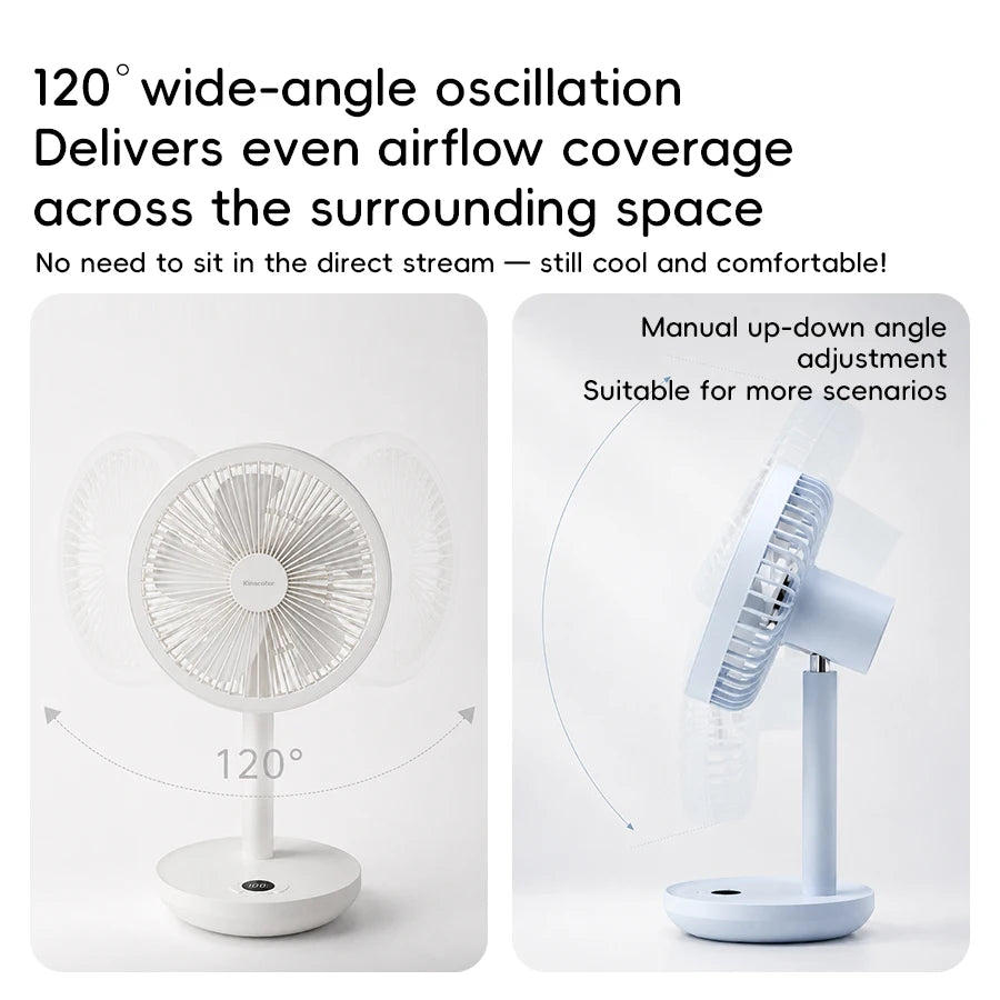 KINSCOTER Smart Oscillating Desk Fan 4000mAh - USB Rechargeable, Ultra-Quiet, 5 Speeds for Home & Office