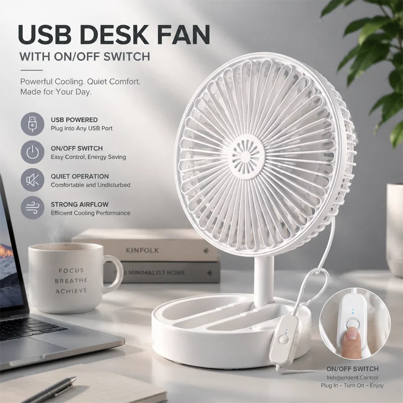 Quiet USB Desk Fan with On/Off Switch - Powerful Airflow
