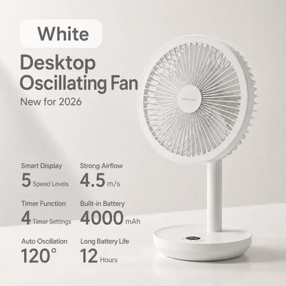 KINSCOTER Smart Oscillating Desk Fan 4000mAh - USB Rechargeable, Ultra-Quiet, 5 Speeds for Home & Office