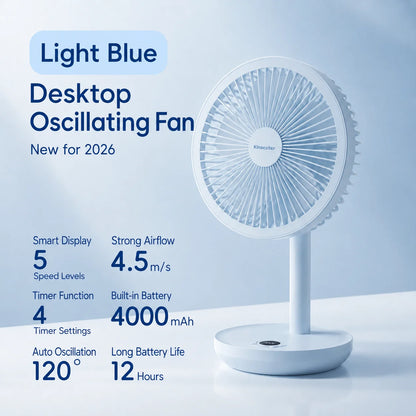 KINSCOTER Smart Oscillating Desk Fan 4000mAh - USB Rechargeable, Ultra-Quiet, 5 Speeds for Home & Office