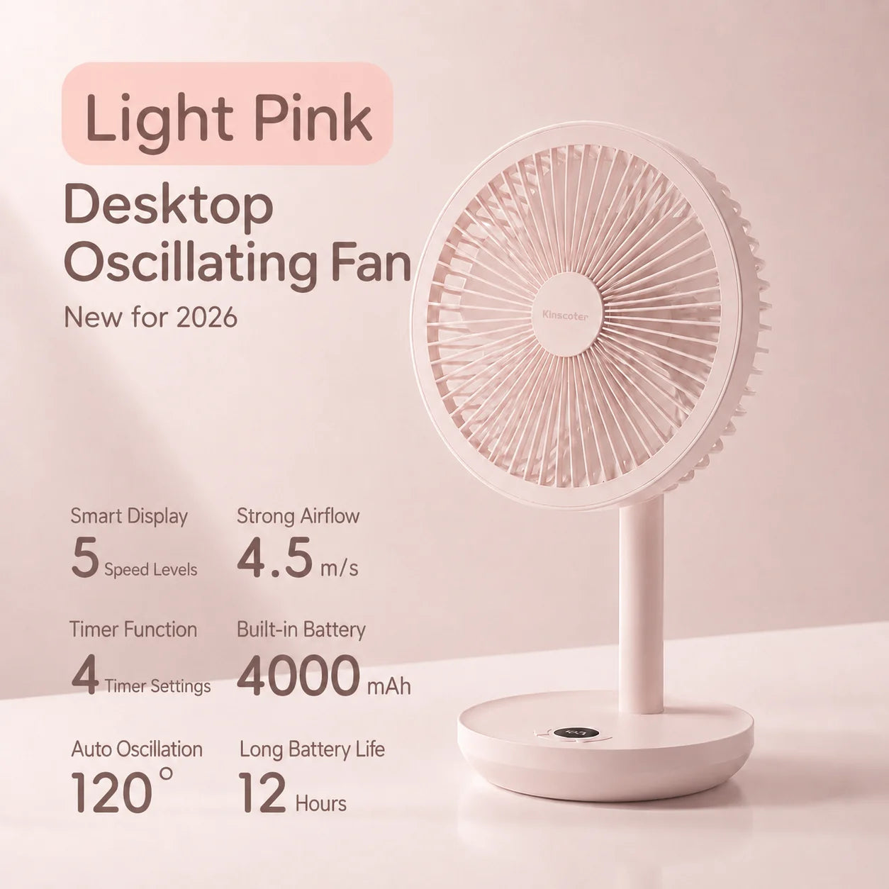 KINSCOTER Smart Oscillating Desk Fan 4000mAh - USB Rechargeable, Ultra-Quiet, 5 Speeds for Home & Office