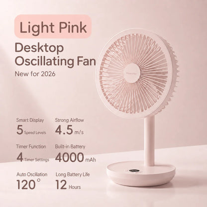KINSCOTER Smart Oscillating Desk Fan 4000mAh - USB Rechargeable, Ultra-Quiet, 5 Speeds for Home & Office