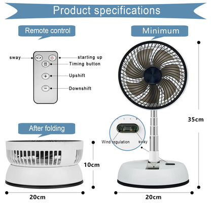 Portable Oscillating Standing Fan - Rechargeable, Foldable with Remote for Camping & Home