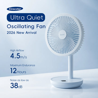 KINSCOTER Smart Oscillating Desk Fan 4000mAh - USB Rechargeable, Ultra-Quiet, 5 Speeds for Home & Office