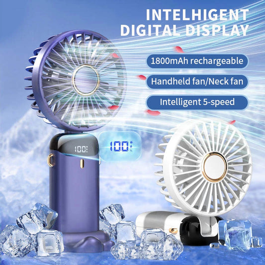 3-in-1 Foldable Handheld & Neck Fan with LED Display - 5 Speeds, Phone Stand